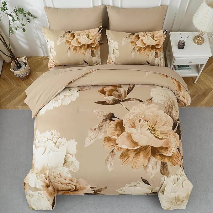 Dobuyly Full Size Comforter Set 7 Piece Bed in a Bag Full, Taupe Floral Printed on Khaki Fall Comforter Set with Sheets, Soft Microfiber Farmhouse Complete Bedding Set for All Season