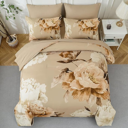 Dobuyly Full Size Comforter Set 7 Piece Bed in a Bag Full, Taupe Floral Printed on Khaki Fall Comforter Set with Sheets, Soft Microfiber Farmhouse Complete Bedding Set for All Season