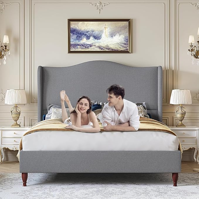 koorlian King Size Upholstered Bed Frame with 51'' Tall Headboard, Grey | Reinforced Platform Bed, Easy Assembly, Soft Fabric, Sleigh Wingback, Solid Wood Retro Legs, Noise-Free, Classic & Simple