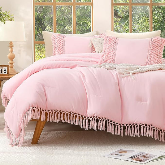 Andency Comforter King Size Set Light Pink, 3 Pieces Boho Tassel Lightweight Fluffy Bedding Comforters & Sets, Soft All Season Bed Set (104x90In Comforter & 2 Pillowcases)