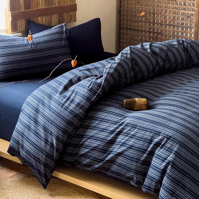 EAVD Retro Striped Duvet Cover Queen Navy Blue Soft 100% Washed Cotton Reversible Stripes Pattern Bedding Set with 2 Pillowcases Farmhouse Geometric Pattern Duvet Cover with Zipper Closure