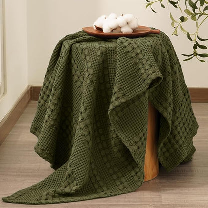 PHF 100% Cotton Waffle Weave Throw Blanket, Soft Lightweight Breathable Cozy Throws for Couch Bed Sofa, Luxury Aesthetic Blanket Gift for Home Decor & Office, 50"x60", Capulet Olive