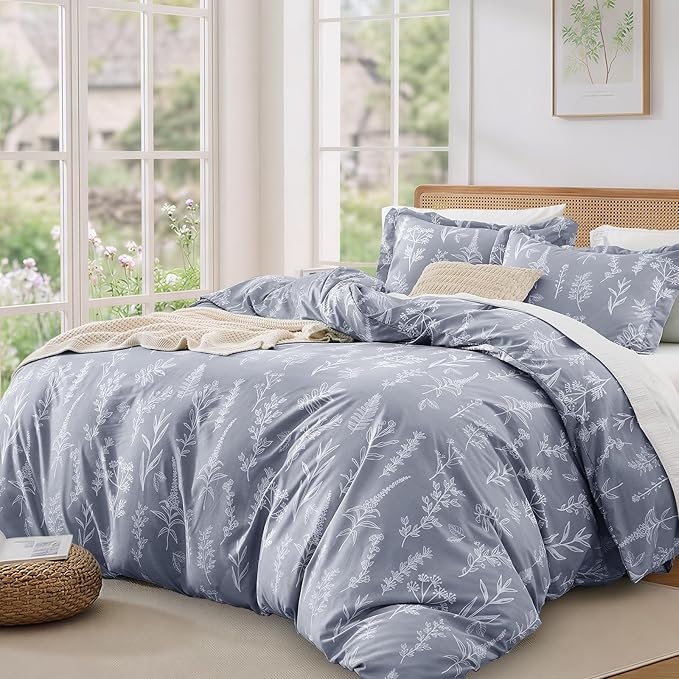 MUXHOMO Duvet Cover Queen Size, Reversible Floral Grey Duvet Cover Set with Zipper Closure, 3 Pieces Botanical Patterns Soft Microfiber Bedding Set with 4 Ties (90"x90", 2 Pillow Cases)
