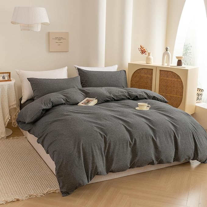 ECOCOTT Grey Duvet Cover Oversized King Size - 100% Washed Cotton Durable Soft Comfy Duvet Cover Set, 3 Pieces Duvet Cover with Zipper Closure (Dark Grey, 120"x 98")