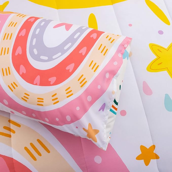 Btargot Lightweight Soft 3 Piece Rainbow Comforter Set with 2 Pillow Covers, Cartoon Love Hearts Flowers and Sun Star Bedding Set for Girls Boys Kids, Queen Pink