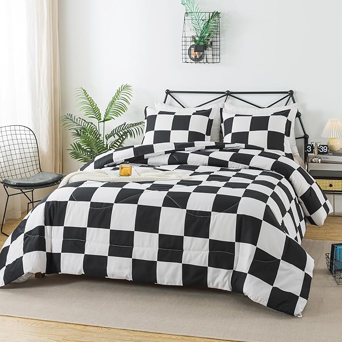 Caressma Black White Plaid Comforter Set, Buffalo Checkered Comforter Bedding Set Twin Size for All Seasons, Farmhouse Soft Microfiber Comforter with Pillowcase