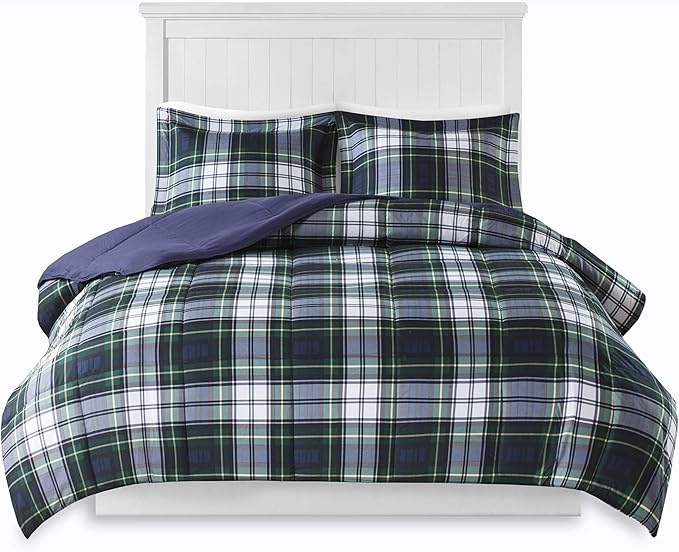 Madison Park Essentials Parkston Plaid Comforter, Matching Sham, 3M Scotchguard Stain Release Cover, Hypoallergenic All Season Bedding-Set, Twin/TwinXL, Navy, 2 Piece