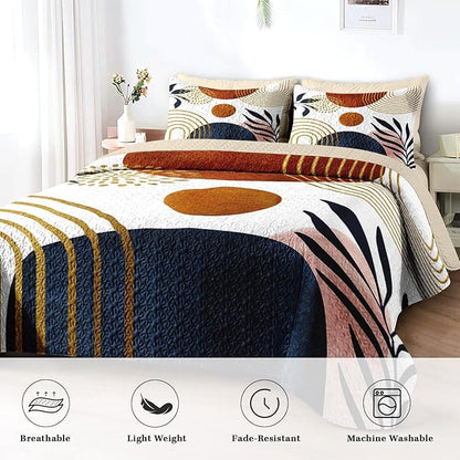 Quilt Set Twin Size, Gold Yellow Mid Century 2 Pcs Soft Bed Cover Bedding Set for Kids and Adults, Sun Boho Geometric Leaf Lightweight Bedspread Coverlet with Pillow Sham for All Season