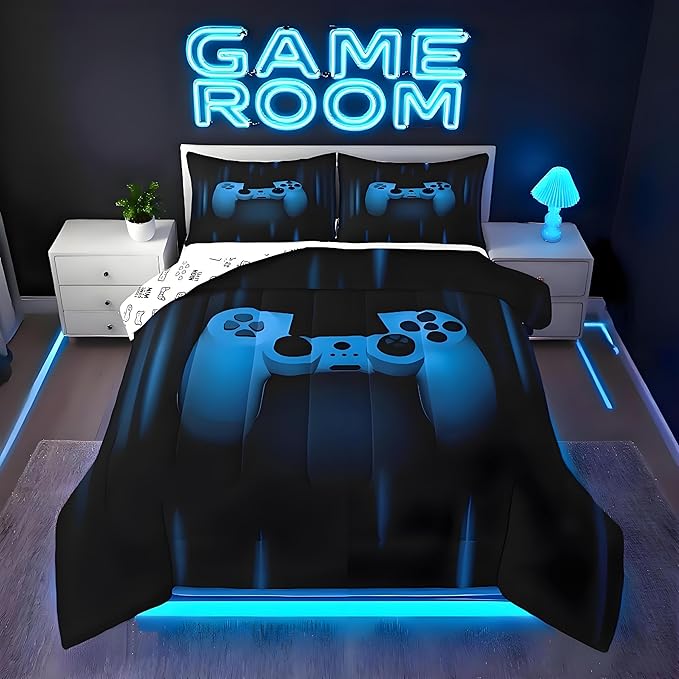 Feelyou Boys Gamer Comforter Set Full Size Bedding Set for Kids Gaming Comforter Blue Black Video Games Gamepad Room Decor for Teens Child Super Soft Geometric Duvet Quilted Son Grandson Gift