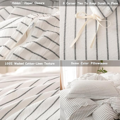 Stripe Duvet Cover King Size 104inch x 90inch, 100% Washed Cotton Linen Feel Duvet Cover, Pinstripe Duvet Cover with Zipper Closure and 2 Pillowcases, Color of White-Dark Grey Stripe