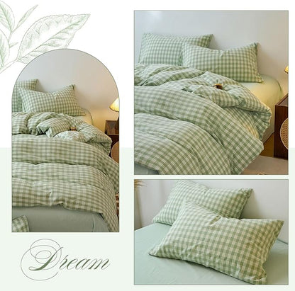 Green Plaid Gingham Duvet Cover King 3 Pieces Checkered Grid Duvet Cover 100% Washed Cotton Minimalism Comforter Cover with Zipper Closure 2 Pillowcases Luxury Soft Breathable Bedding Set