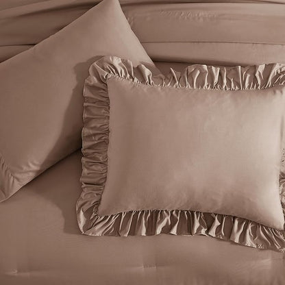 King Size Comforter Set Amber Brown, Ruffle Shabby Chic Bedding Set Farmhouse 7 Pieces, All Season Fluffy Bed in a Bag with Sheets, Pillowcases & Shams