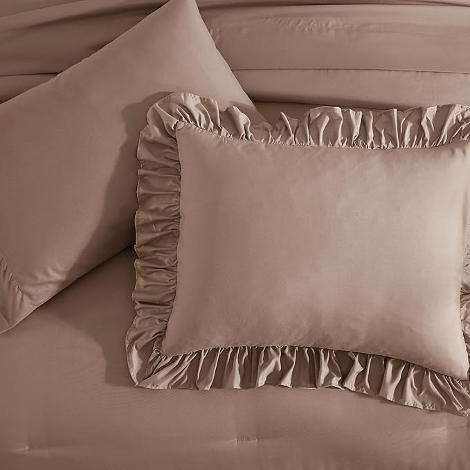 Full Comforter Set Amber Brown, Ruffle Shabby Chic Bedding Set Farmhouse 7 Pieces, All Season Fluffy Bed in a Bag with Sheets, Pillowcases & Shams