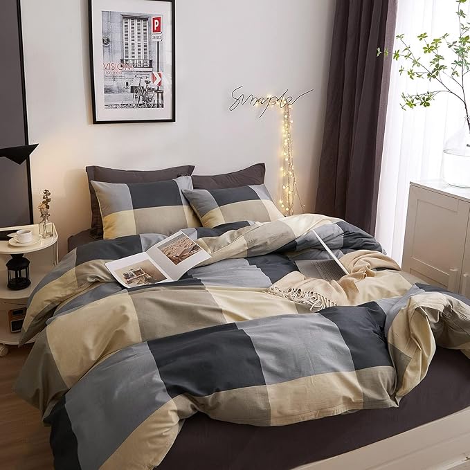 VM VOUGEMARKET King Comforter Set Black Grey Plaid Bedding Comforter with 2 Pillowcases Modern Cozy Lightweight Soft Geometric Comforter Set for Adults