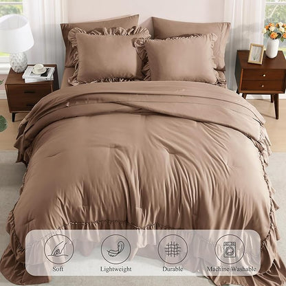 Queen Comforter Set Amber Brown, Ruffle Shabby Chic Bedding Set Farmhouse 7 Pieces, All Season Fluffy Bed in a Bag with Sheets, Pillowcases & Shams