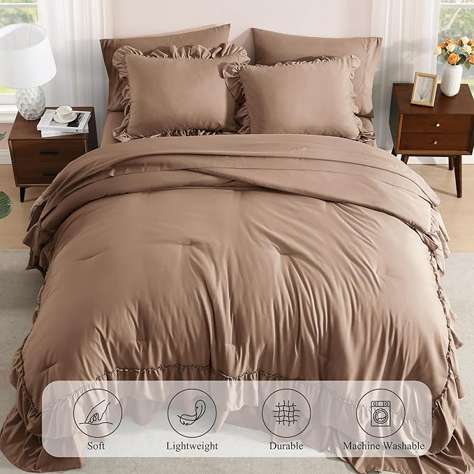King Size Comforter Set Amber Brown, Ruffle Shabby Chic Bedding Set Farmhouse 7 Pieces, All Season Fluffy Bed in a Bag with Sheets, Pillowcases & Shams