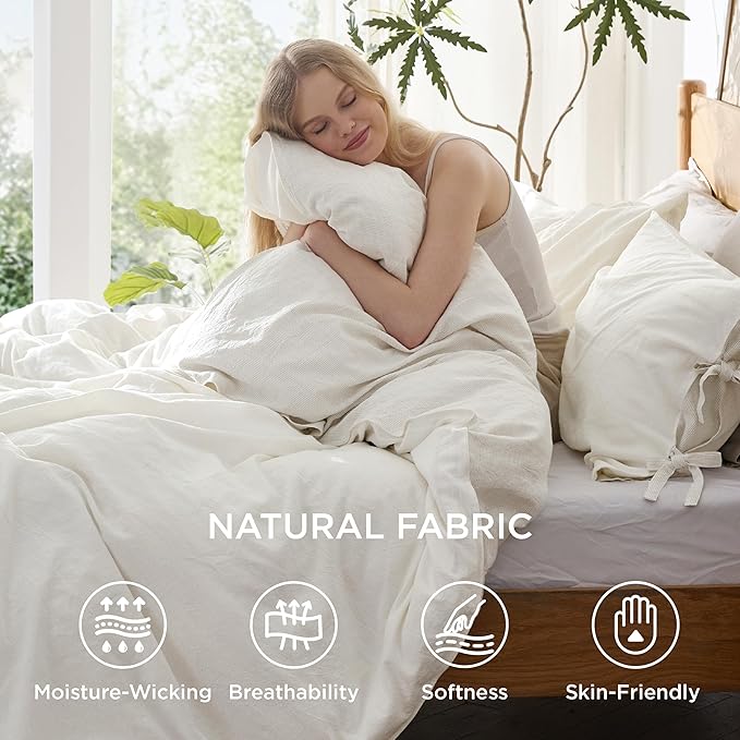 Bedsure Striped Duvet Cover Queen Size – Moisture-Wicking Eucalyptus Lyocell, Cotton & Linen Hybrid Comforter Cover Set with Bowknot Ties Closure – GentleSoft™ & Breathable Bedding Set–White
