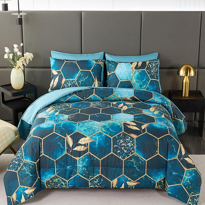 ANGIYUIN Turquoise Gold Hexagon Queen Comforter Set, 7Pcs Honeycomb Bed in A Bag Marble Printed Bed Sets Gold Trim Bedding Comforter Sets, Foil Print Bedding Sets with Sheets Pillowcases (Teal Queen)