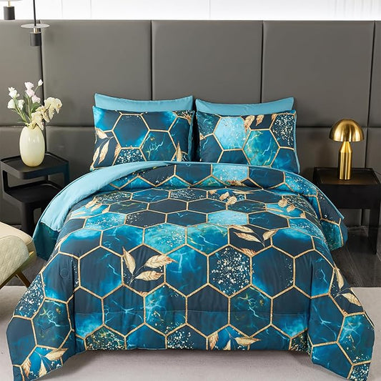 ANGIYUIN Turquoise Honeycomb Comforter Set California King Size, Marble Hexagon with Gold Trims Design Bedding Sets, 7Pcs Gold Leaves Soft Bed Comforter Set with Sheets