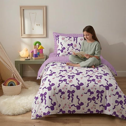 Purple Bow Comforter Set Twin Size for Girls, 2Pcs Ribbon Bowknot Bedding for Kids Kawaii Bedroom Decor, Dreamy Priness Girly Puple Polka Dots Bows Comforter Set with 1 Pillowcase, 68"x86"