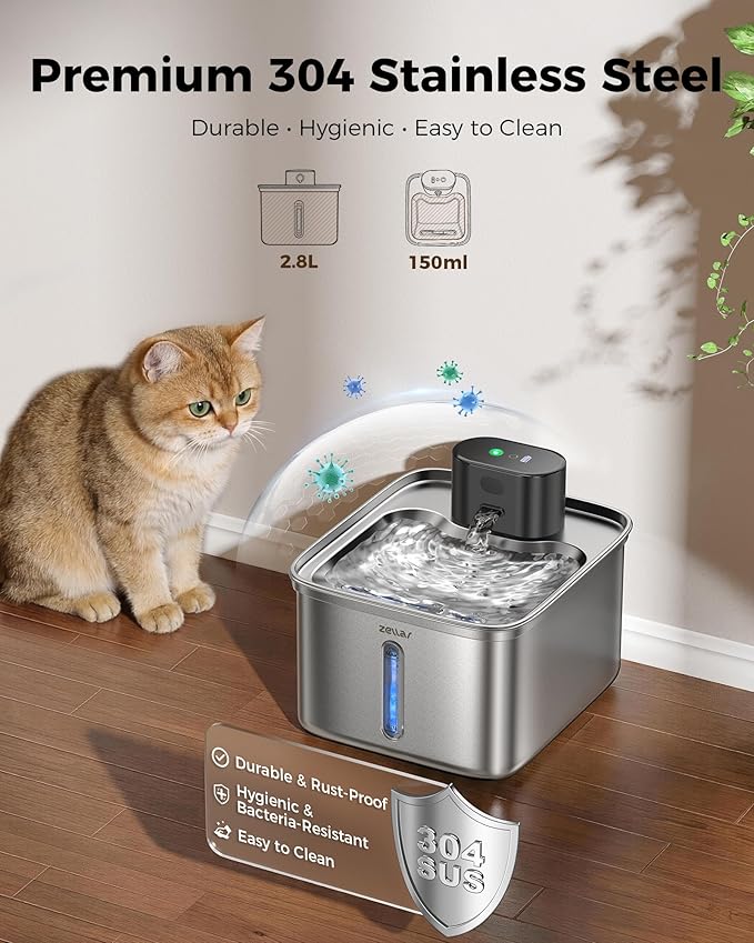 Wireless Cat Water Fountain, 99oz/2.8L Pump-Free Ultra-Quiet Pet Water Dispenser, 304 Stainless Steel with Multi-Layer Filtration, 3 Smart Modes & Motion Sensor, Fountain for Cats/Dogs