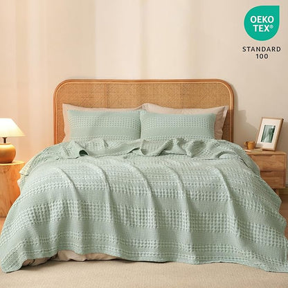 PHF 100% Cotton Waffle Weave Blanket Queen Size for Bed, Soft Lightweight & Breathable for Spring and Summer, All-Season Comfort, Luxury Aesthetic Blanket for Home Decor, 90"x90", Mint Green