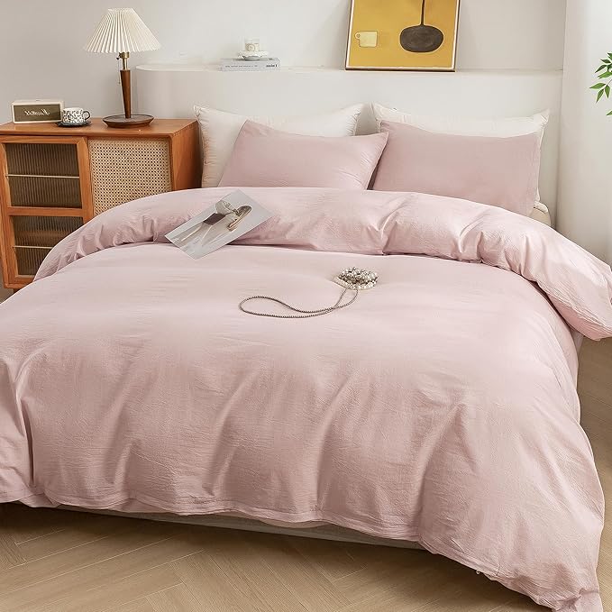 ECOCOTT Duvet Cover Set, 100% Washed Cotton Linen-Like Soft & Breathable, Durable Comfy Bedding Set for All Seasons Full Size (Greyish Pink)
