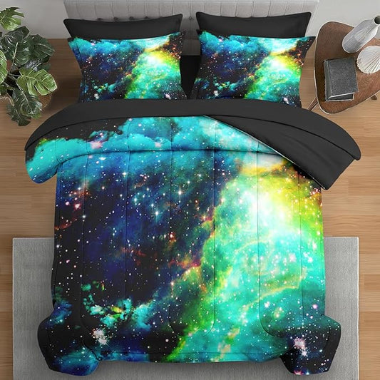 Comforter Set Queen Size, Outer Space Star Bedding for Kids and Adults, Galaxy Planets Bed Sheet Sets with Fitted Sheet 2 Pillowcases & 2 Shams for Bedroom Bed Decor