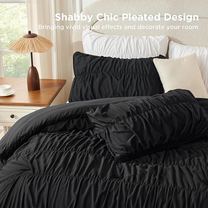 Andency Ruched Black Twin Size Comforter Sets, Shabby Chic Pleated Bedding Sets 2 Pieces, Lightweight Soft Boho Ruffle Bed Set for Girls, Kids, Women, All Season