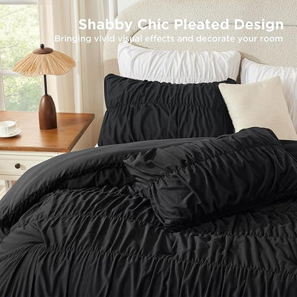 Andency Ruched Black King Size Comforter Set, Shabby Chic Pleated Bedding Sets 3 Pieces, Lightweight Soft Boho Ruffle Bed Set for Girls, Kids, Women, All Season