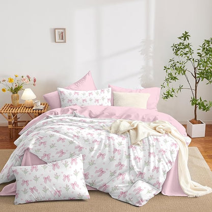 Nayoroom Pink Bow Comforter Set Queen Size Coquette Pink Floral Comforter 3 Pieces Soft Lightweight Kids Girls Cute Aesthetic Dorm Bedding Set for All Seasons