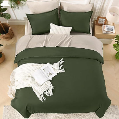 Litanika Comforter Queen Size Set Olive - 7 Pieces Bed in a Bag Queen Beddding Comforter Sets, Plain Lightweight Bed Set with Comforter, Sheets, Pillowcases & Shams