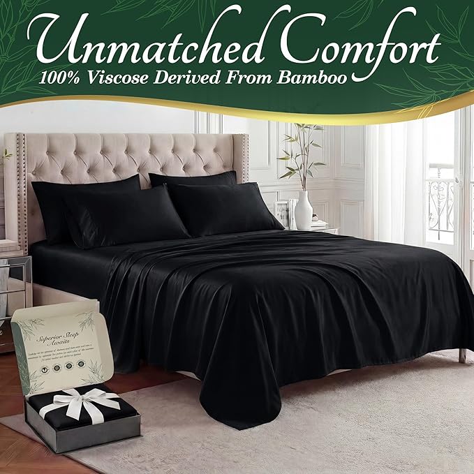 DECOLURE 100% Viscose Derived from Bamboo Sheets Full Size - Luxury 6 Pc Naturally Cooling Sheets, Ultra Soft Bed Set - Deep 17" Pockets, Durable Double Stitching, Oeko Tex Standard (Black)