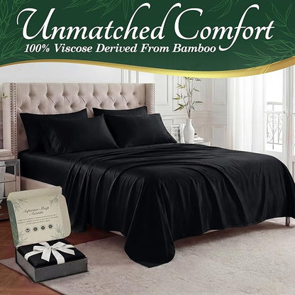 DECOLURE 100% Viscose Derived from Bamboo Sheets Full Size - Luxury 6 Pc Naturally Cooling Sheets, Ultra Soft Bed Set - Deep 17" Pockets, Durable Double Stitching, Oeko Tex Standard (Black)