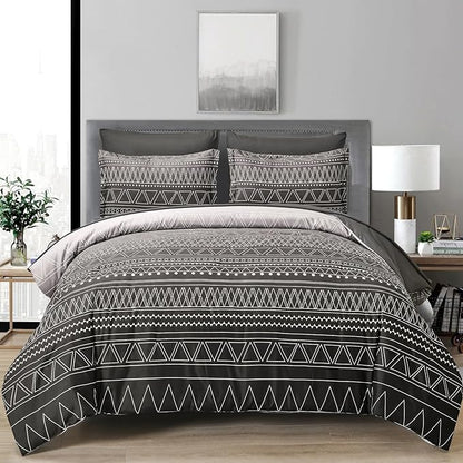WONGS BEDDING Black Grey Boho Comforter Set King Size 7 Piece Stripe Gradient Bed Set Bed in a Bag Bedding Set for All Seasons Reversible Soft Microfiber Comforter with Sheets, Pillowcases & Shams