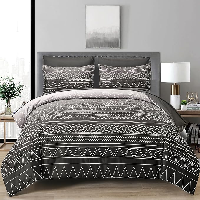 WONGS BEDDING Boho Black Grey Comforter Set Queen Size 7 Piece Stripe Gradient Bed in a Bag Bedding Set for All Seasons Reversible Soft Microfiber Comforter with Sheets, Pillowcases & Shams