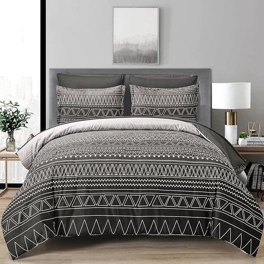 WONGS BEDDING Boho Black Grey Comforter Set Queen Size 7 Piece Stripe Gradient Bed in a Bag Bedding Set for All Seasons Reversible Soft Microfiber Comforter with Sheets, Pillowcases & Shams