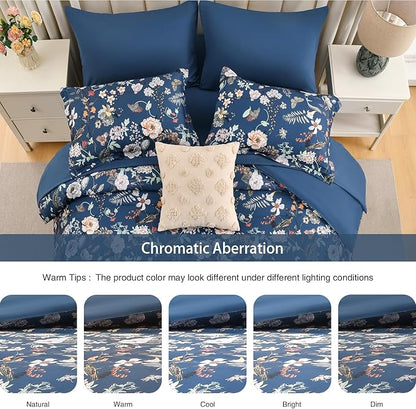 7 Piece Queen Comforter Set, Peacock Blue Butterfly Floral Comforter Set with Flowers Leaves Pattern, Soft Microfiber Complete Bedding Set for All Season(Peacock Blue, Queen)