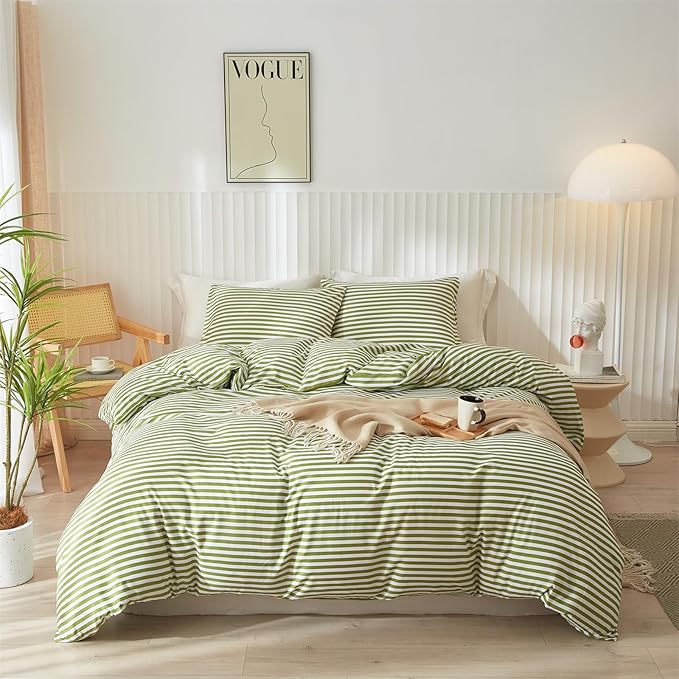 mixinni Striped Comforter Set Queen Size - Green White Stripes Pattern Bed Set for All Season, 3 Pieces Lightweight Bedding Comforter Sets for All Seasons (1 Soft Fluffy Comforter + 2 Pillowcases)