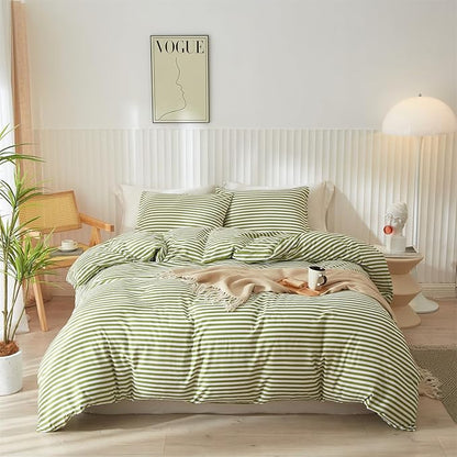 mixinni Striped Comforter Set Queen Size - Green White Stripes Pattern Bed Set for All Season, 3 Pieces Lightweight Bedding Comforter Sets for All Seasons (1 Soft Fluffy Comforter + 2 Pillowcases)