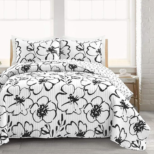 Lush Decor Scandinavian Floral Quilt Queen Size Reversible 3 Piece Set Full/Queen Black & White - Floral Bedding Set Queen Quilt - White Bedding