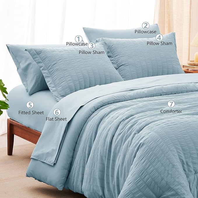 CozyLux Full Size Comforter Sets with Sheets 7 Pieces, Light Blue Seersucker Bed in a Bag Textured Luxury Soft Bedding Set with Down Alternative Comforter, Sheets, Pillowcases & Shams for All Seasons