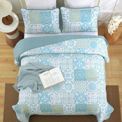 Dobuyly Patchwork Quilt Set King Size, Aqua Blue Boho Summer Bedspreads Coverlet Set, 3 Pieces Soft Lightweight Microfiber Quilt Bedding Set for All Seasons 110"x90"