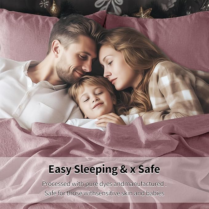 LBRO2M 100% Pure Linen Sheet Set Deep Pocket Up to 16" Bed Sheets Sets, Natural Flax Beddings Soft, Breathable, Comfortable for All Seasons Twin XL Size, Embroidery Purple