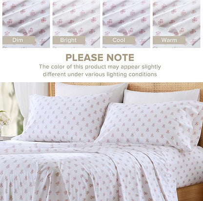 Comfort Spaces 100% Cotton Sheets Twin XL, Breathable, Naturally Cool Cotton Sheets, Soft Cotton Bed Sheets with 12" Elastic Pocket Fits up to 14" Mattress, All Seasons Sheet Set, Floral Pink 3 Piece