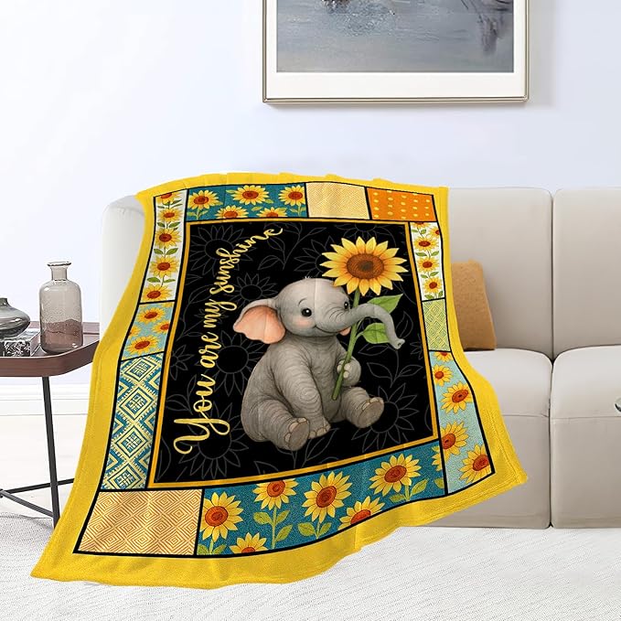 Elephant Blanket Super Soft Warm Fluffy Fleece Flannel Sunflower Animal Throw Blanket Cozy Fuzzy Plush Stuff Bedding Blankets Gifts for Women Kids Boys Girls Adults 60"X50"