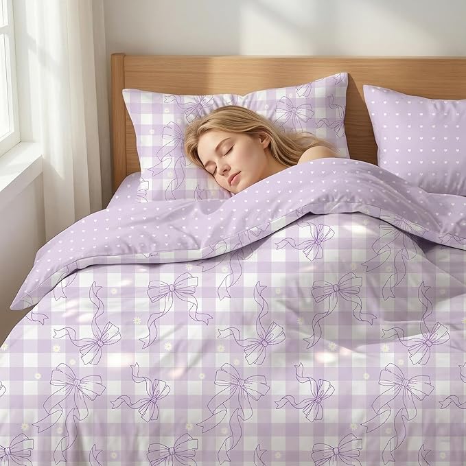 Light Purple Bowknot Comforter Set Twin Size for Girls, Gingham Bedding with Heart Pattern, 2 Pcs Checkered Plaid Quilted Comforter Set with 1 Pillowcase, 68"x86"