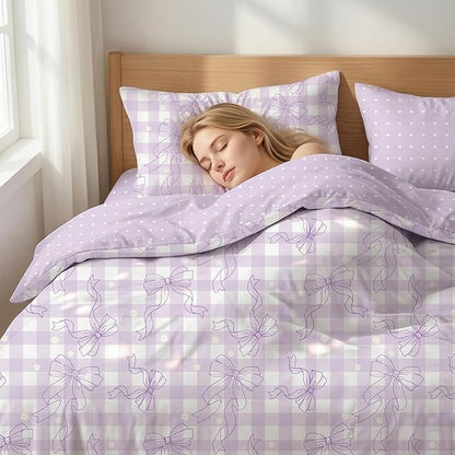 Light Purple Bowknot Comforter Set Twin Size for Girls, Gingham Bedding with Heart Pattern, 2 Pcs Checkered Plaid Quilted Comforter Set with 1 Pillowcase, 68"x86"