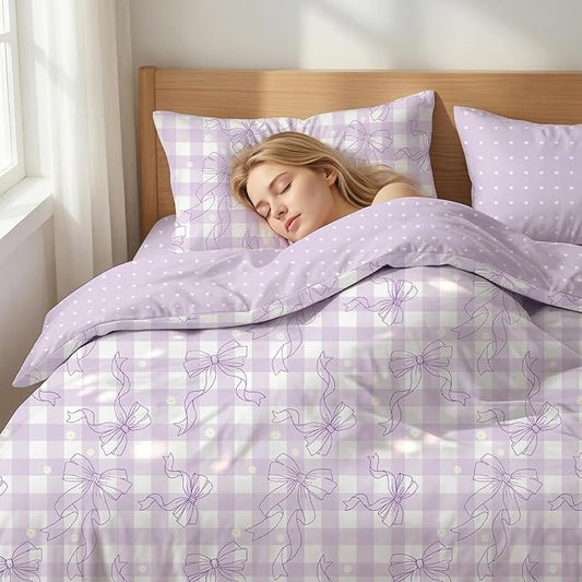 Light Purple Bowknot Comforter Set Twin Size for Girls, Gingham Bedding with Heart Pattern, 2 Pcs Checkered Plaid Quilted Comforter Set with 1 Pillowcase, 68"x86"