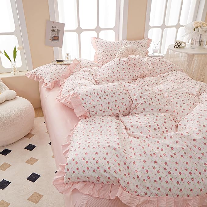 HighBuy Pink Floral Queen Comforter Set Ruffled Coquette Cottagecore Bedding Comforter for Women Girl Lightweight Fluffy Flower Comforter Set 1 Pink Striped Comforter with 2 Pillowcases